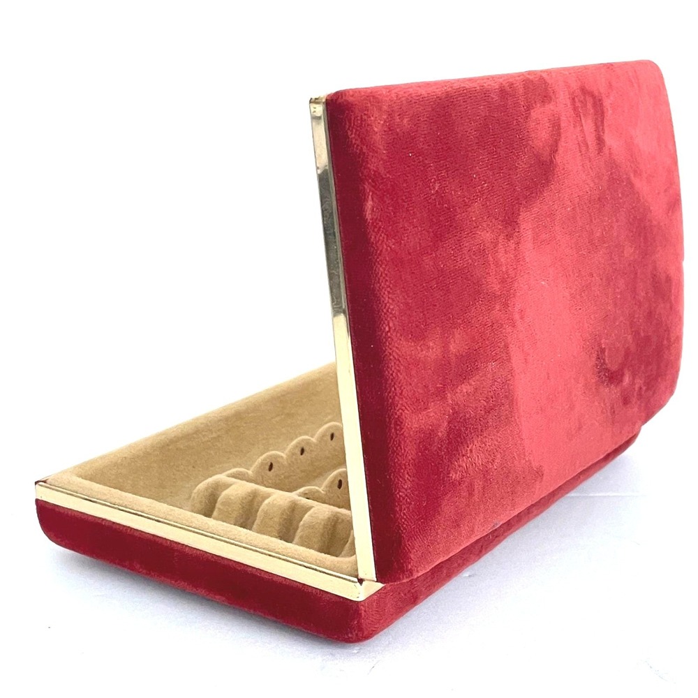 Vintage Mele Red Velvet Jewelry Travel Case Gold Tone Trim Clamshell Organizer